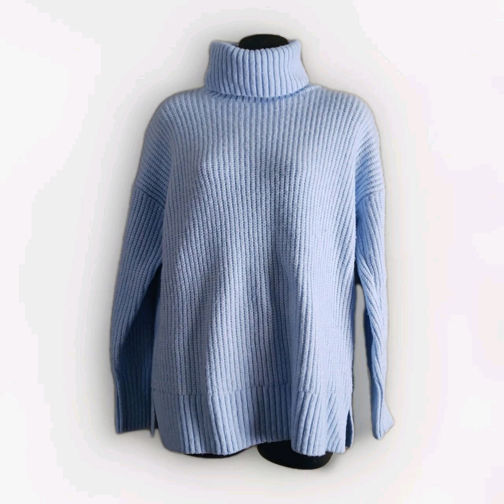 Nine West Wool Blend Turtleneck Tunic Sweater Light Blue Medium